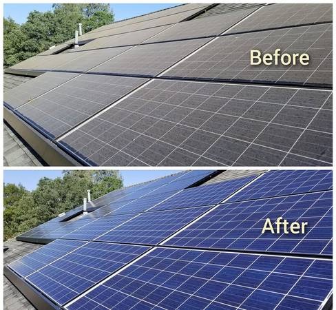 Solar panel cleaning before and after — dusty panels restored to clean for better output