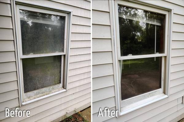Window cleaning before and after in the Inland Empire — a hazy, hard-water-spotted window restored to streak-free clarity